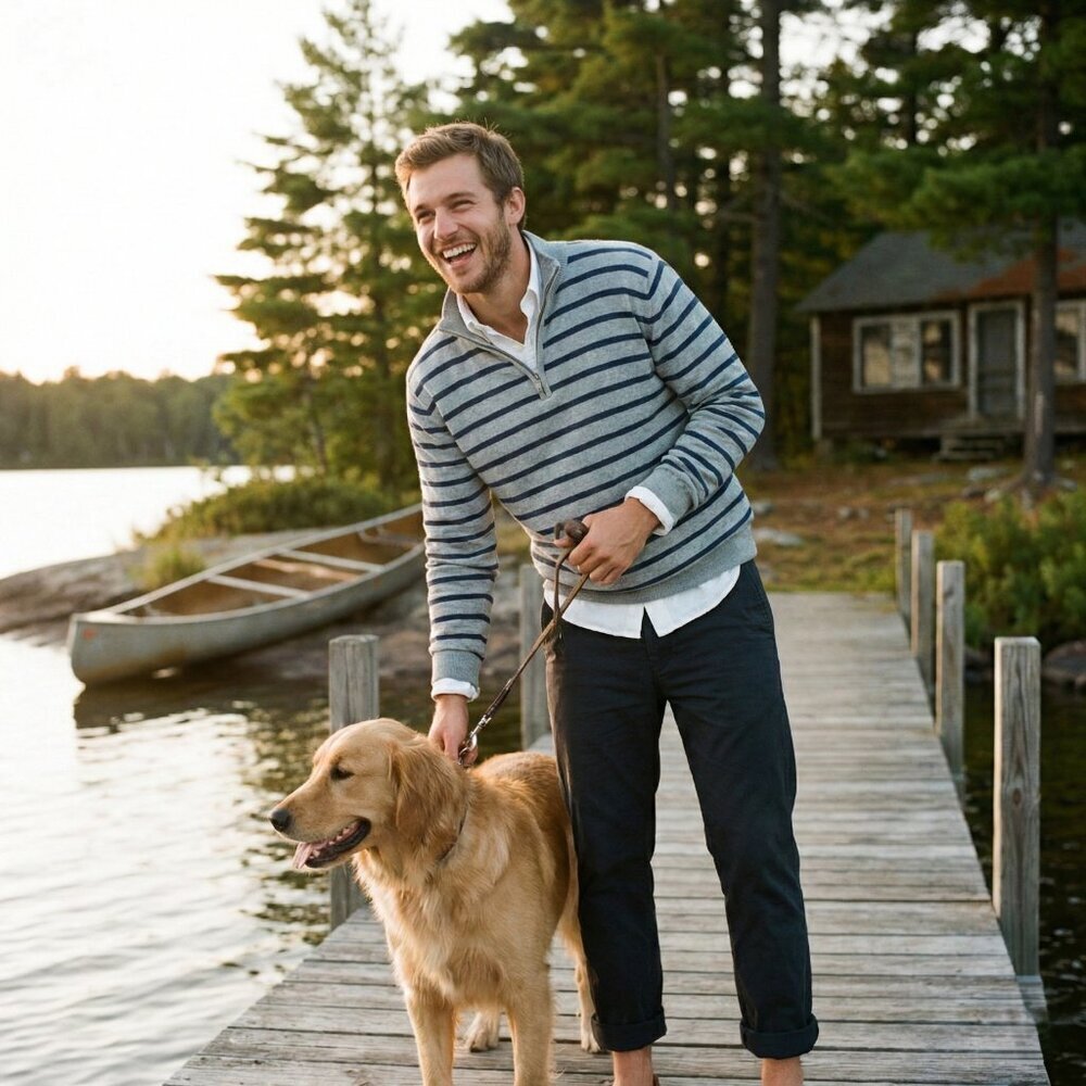L.L. Bean Men’s Large Gray Navy Striped Quarter Zip Cotton Cashmere Sweater